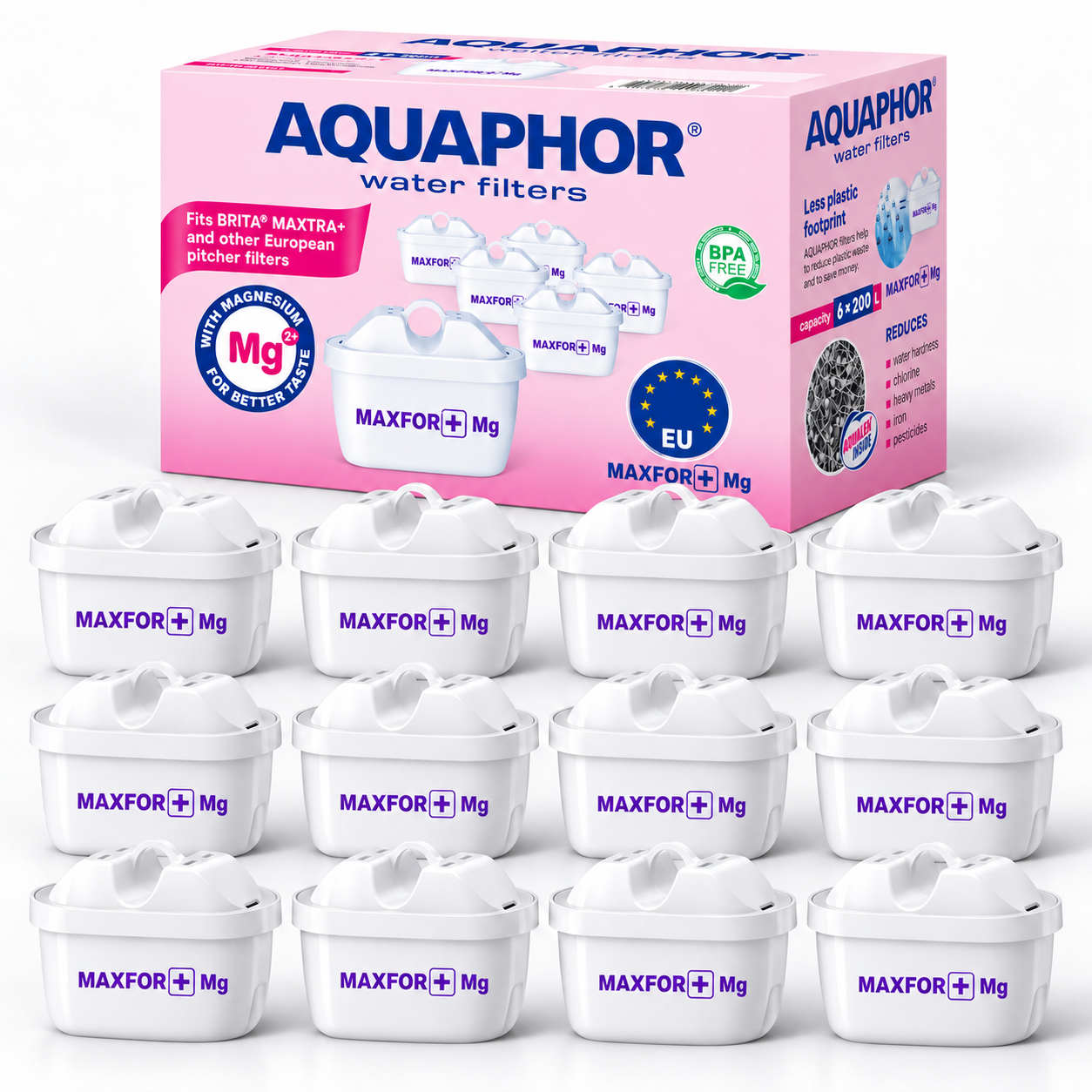 AQUAPHOR MAXFOR+ Mg Cartucce Filtranti Compatibili con Sistemi Tipo BRITA MAXTRA+. Confezione da 12 Pezzi.