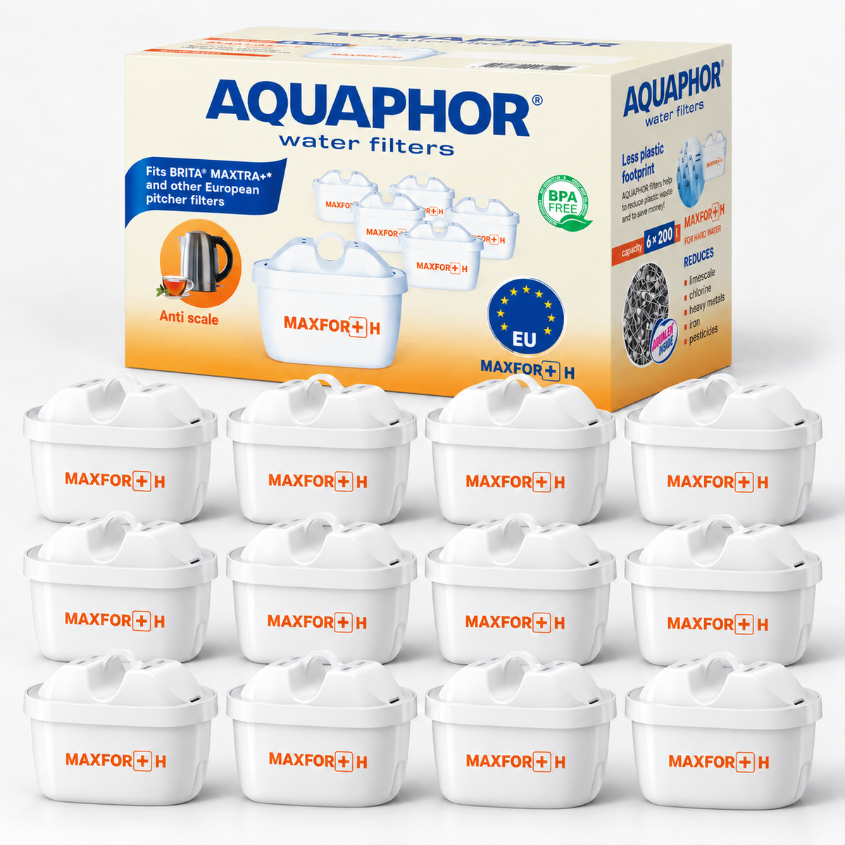 AQUAPHOR MAXFOR+ H Cartucce Filtranti Compatibili con Sistemi Tipo BRITA MAXTRA+. Confezione da 12 Pezzi
