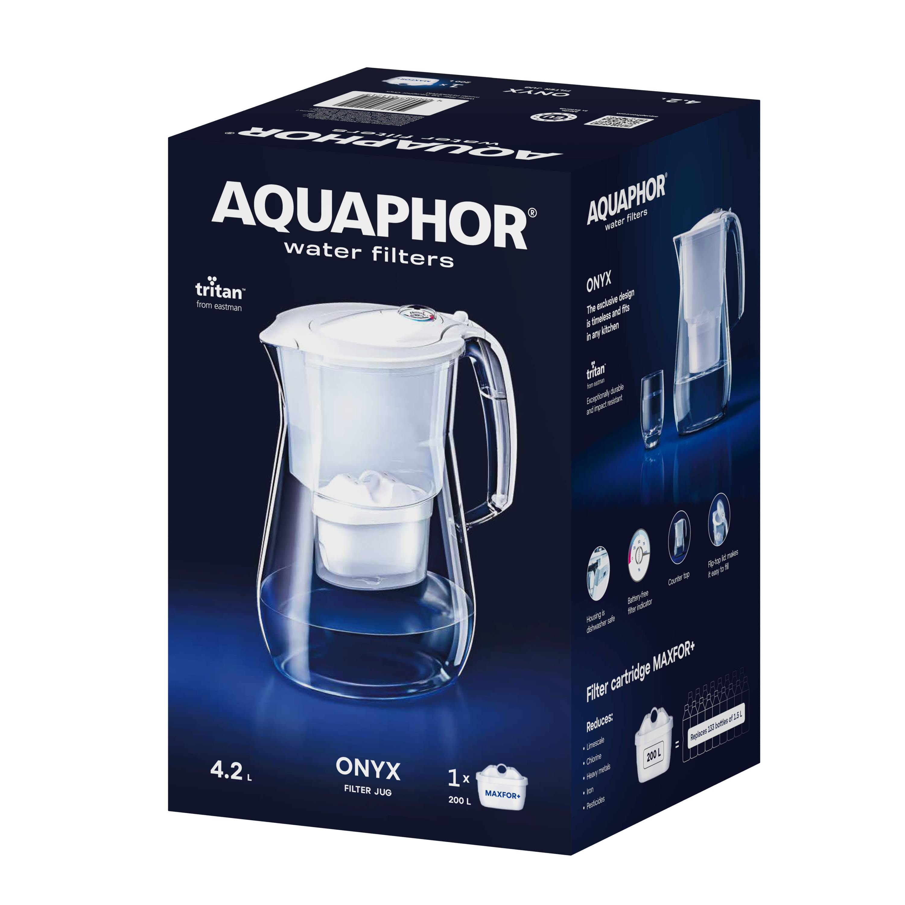 AQUAPHOR Onyx Maxfor+ Caraffa Filtrante 4,2 L | Resistente agli Urti | Contatore Meccanico | 200 L
