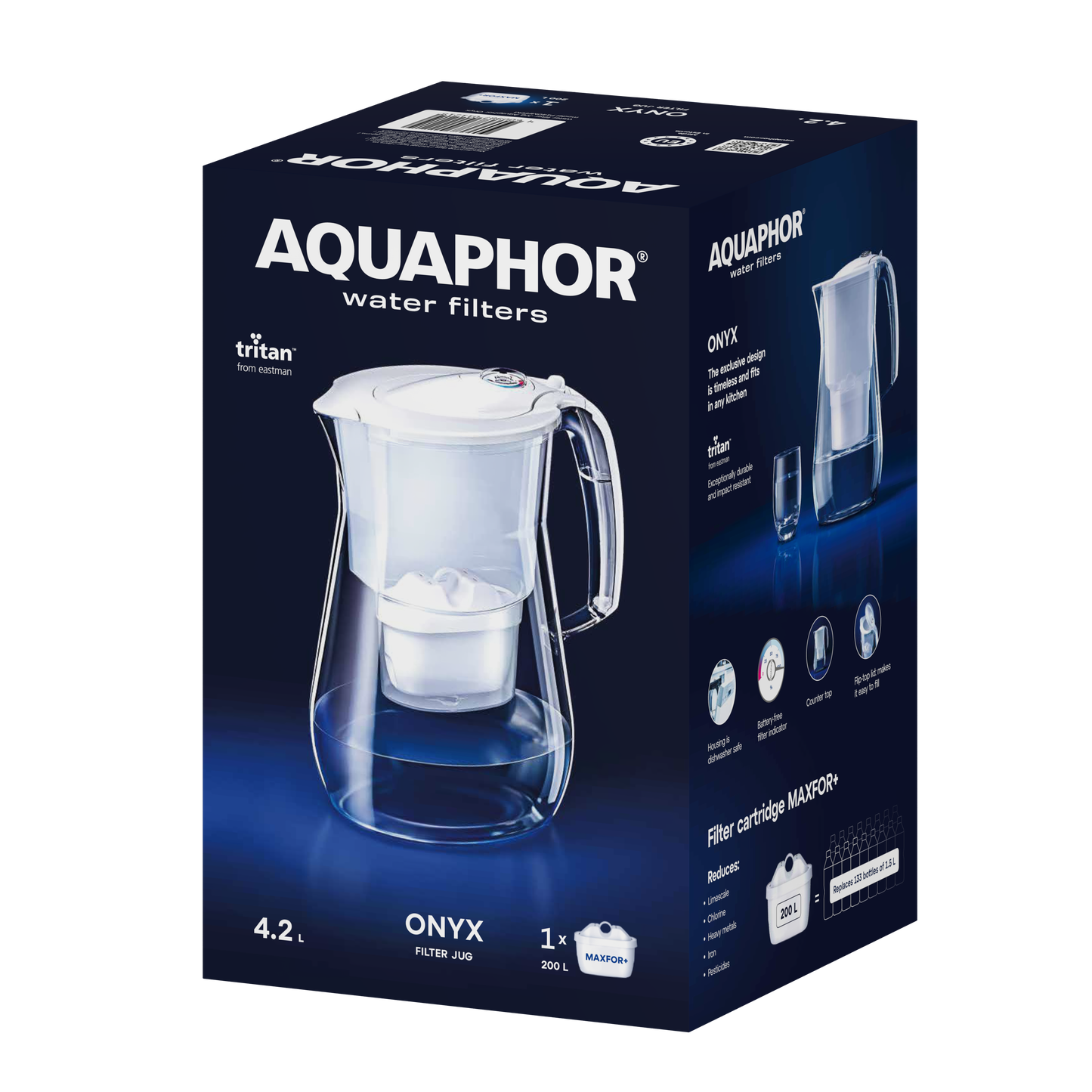 AQUAPHOR Onyx Maxfor+ Caraffa Filtrante 4,2 L | Resistente agli Urti | Contatore Meccanico | 200 L