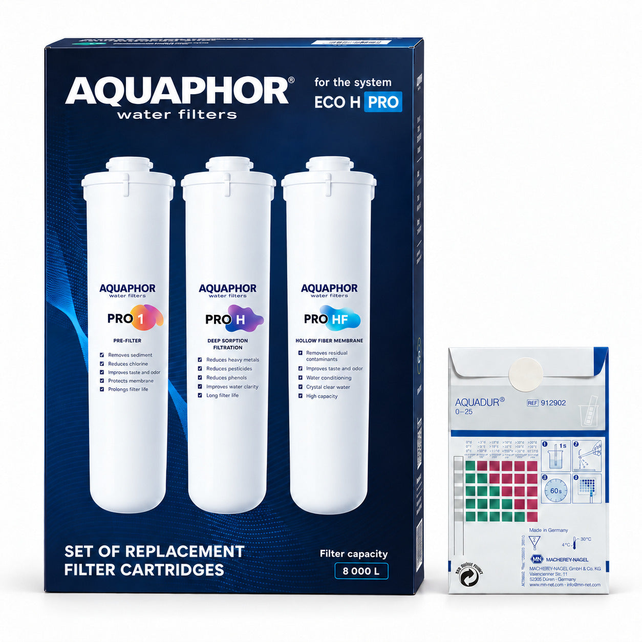 AQUAPHOR Pro 1 + Pro H + Pro HF con 3 Test AQUADUR – Kit Ricambio per ECO H Pro