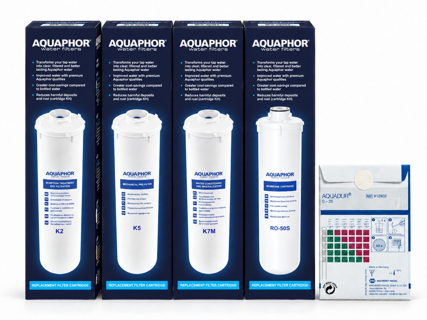 AQUAPHOR K5 + K2 + K7M + RO-50S con 3 Test AQUADUR – Kit Ricambio 18 Mesi per RO-101S