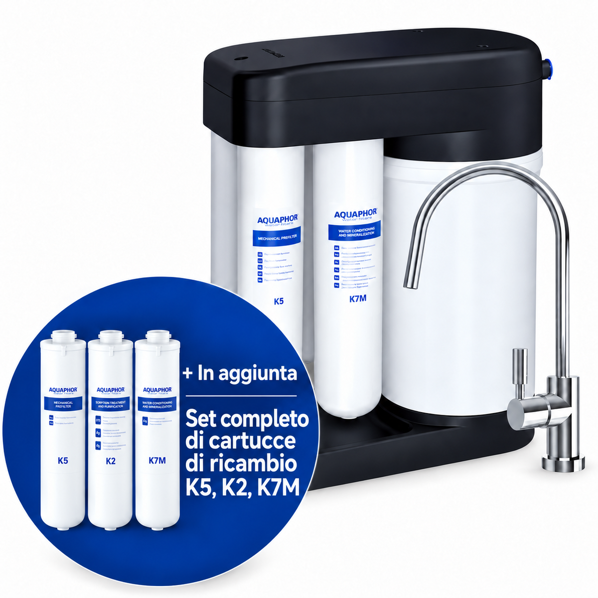 Depuratore AQUAPHOR RO-102S con K5 + K2 + K7M – Sistema a Osmosi Inversa con Kit Ricambio 12 Mesi