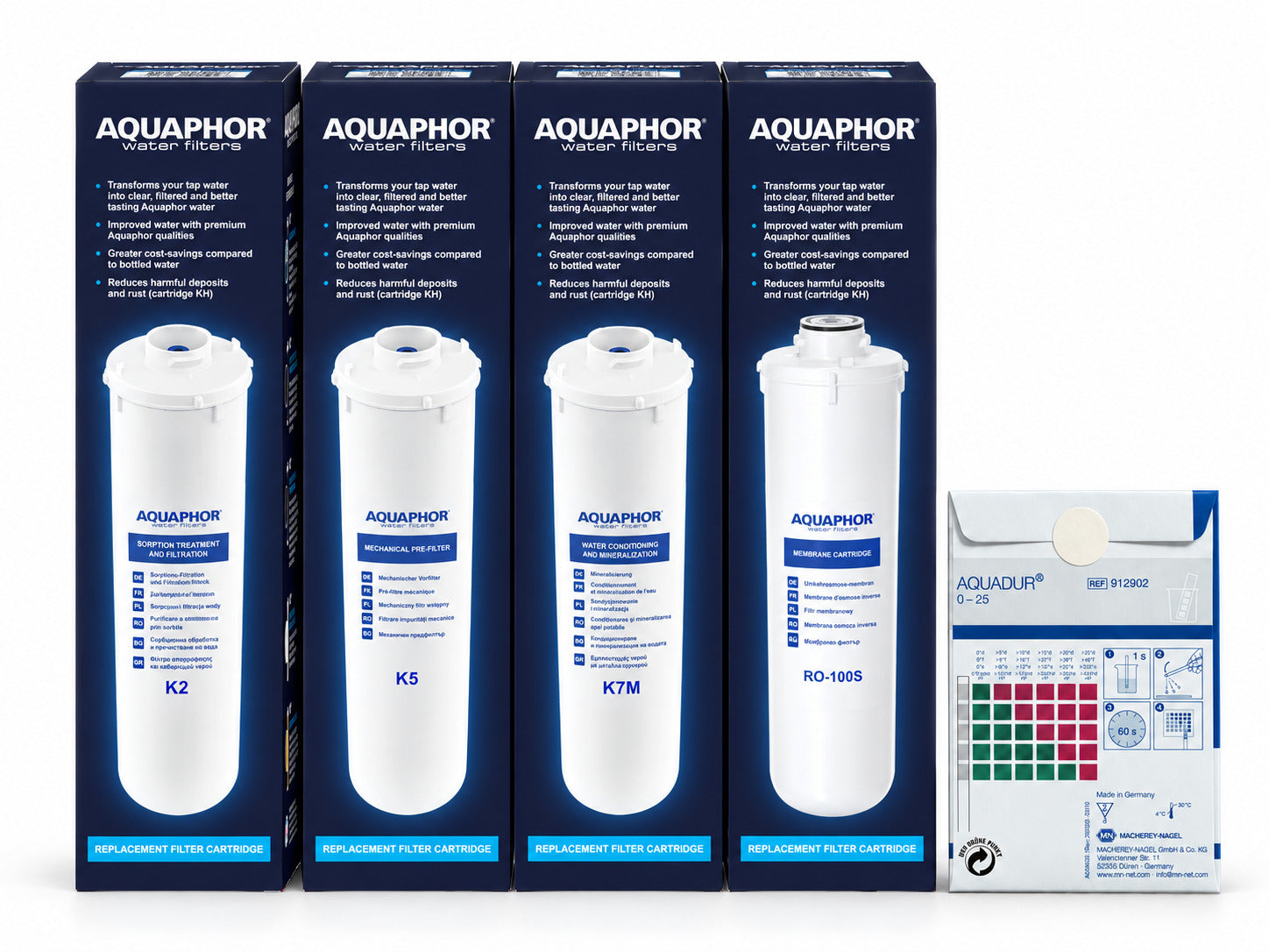 AQUAPHOR K5 + K2 + K7M + RO-100S con 3 Test AQUADUR – Kit Ricambio 18 Mesi per RO-102S