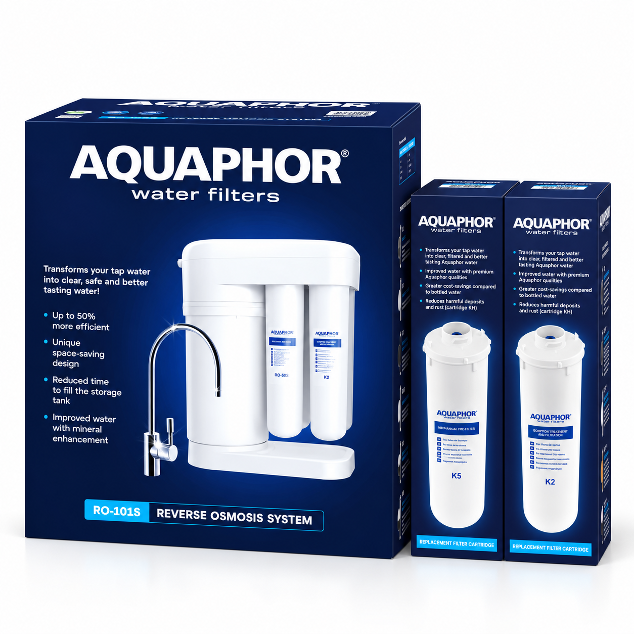 Depuratore AQUAPHOR RO-101S con K5 + K2 – Sistema a Osmosi Inversa con Kit Ricambio 6 Mesi
