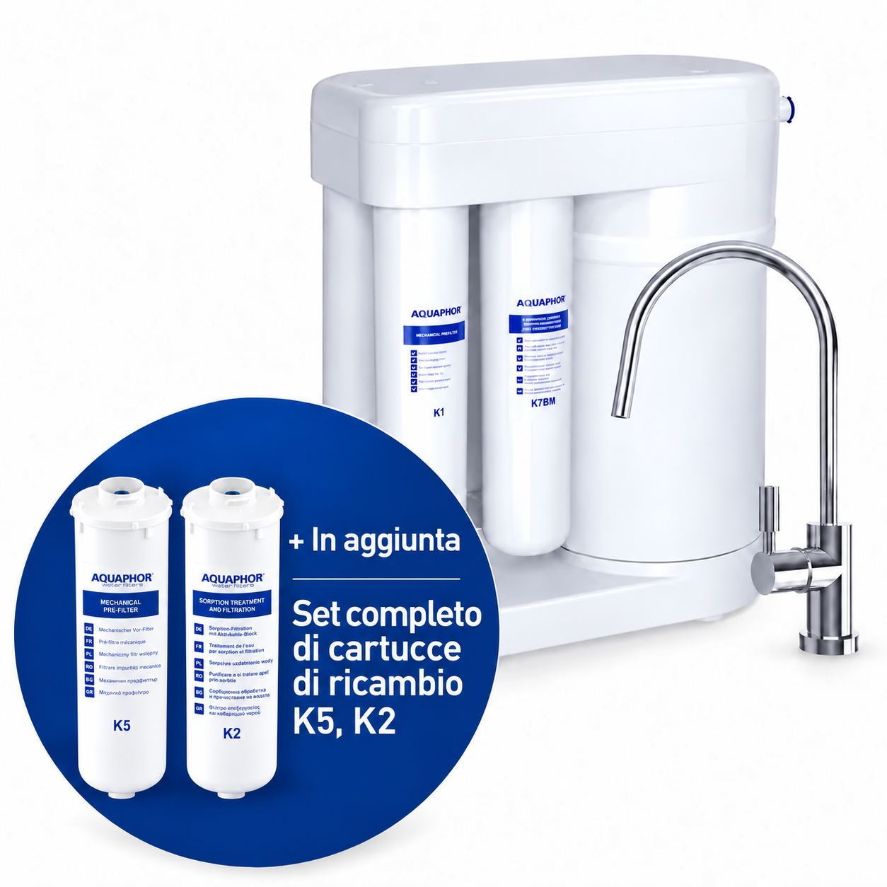 Depuratore AQUAPHOR RO-101S con K5 + K2 – Sistema a Osmosi Inversa con Kit Ricambio 6 Mesi