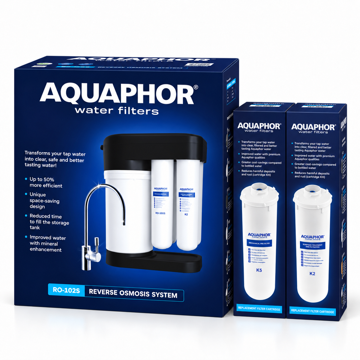 Depuratore AQUAPHOR RO-102S con K5 + K2 – Sistema a Osmosi Inversa con Kit Ricambio 6 Mesi