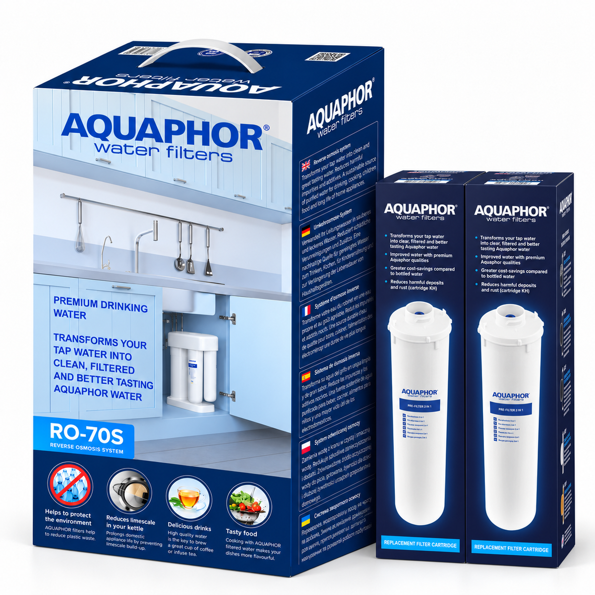 Depuratore AQUAPHOR RO-70S con 2 Cartucce K3 – Sistema a Osmosi Inversa con Kit Ricambio 6 Mesi