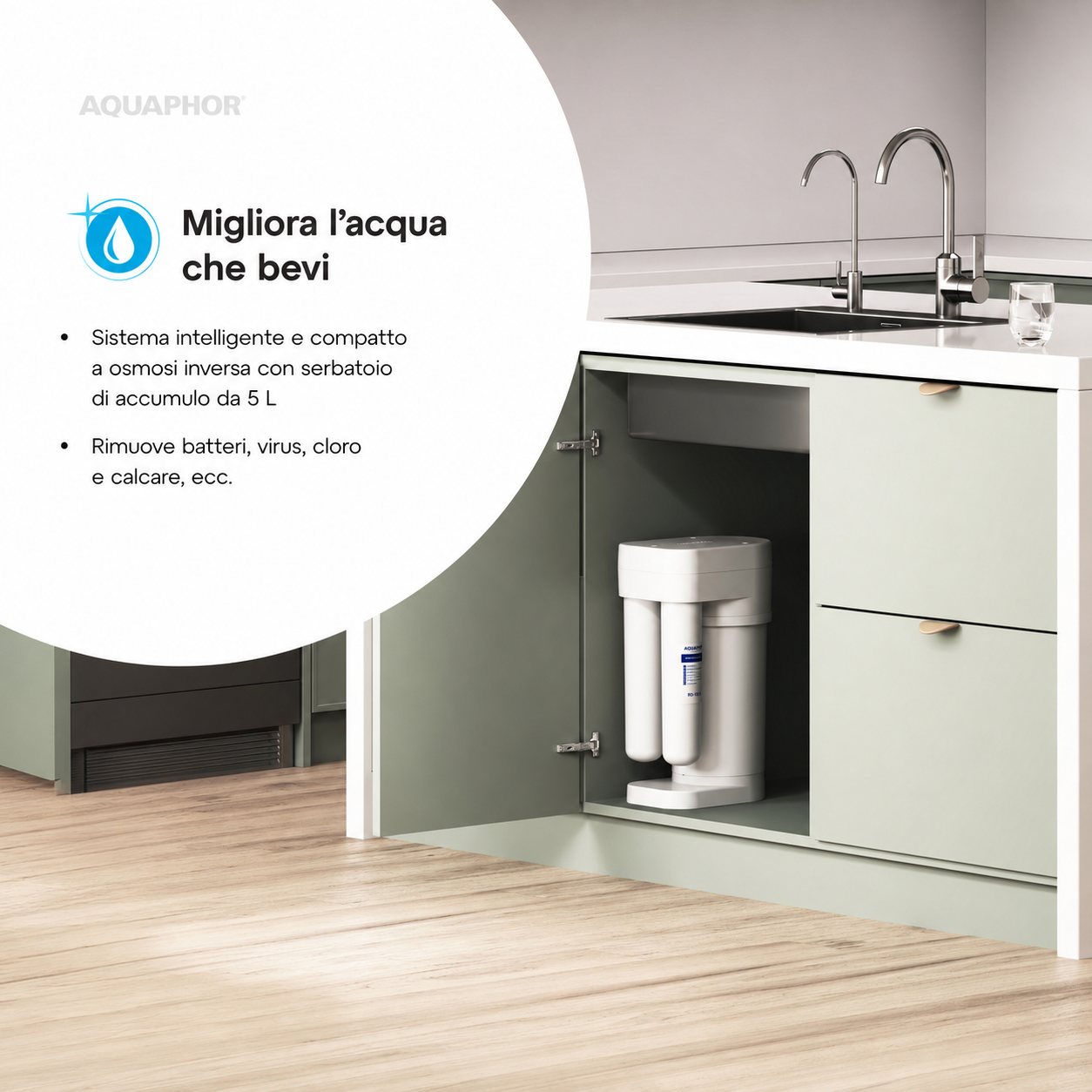 Depuratore AQUAPHOR RO-70S con 3 Cartucce K3 – Sistema a Osmosi Inversa con Kit Ricambio 9 Mesi
