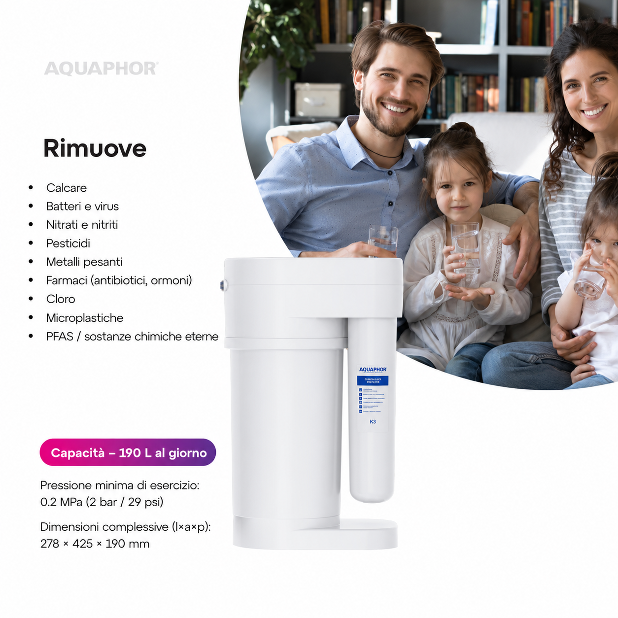 Depuratore AQUAPHOR RO-70S con 3 Cartucce K3 – Sistema a Osmosi Inversa con Kit Ricambio 9 Mesi