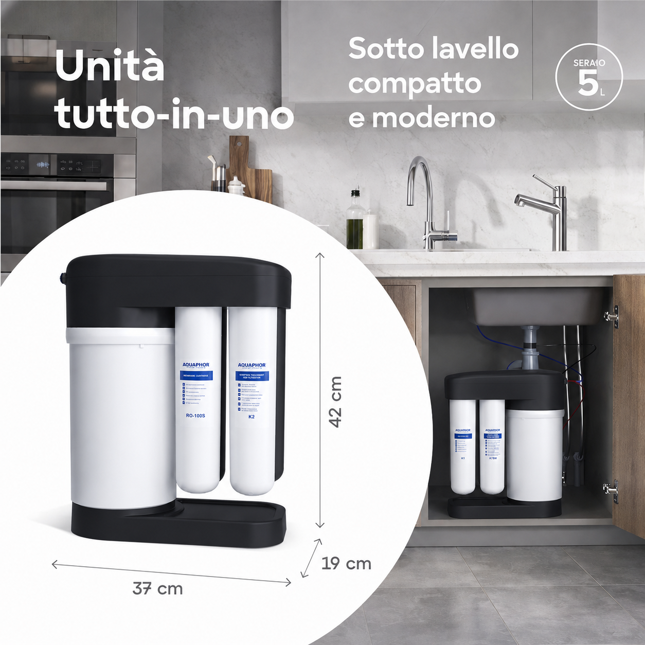 Depuratore AQUAPHOR RO-102S con K5 + K2 + K7M – Sistema a Osmosi Inversa con Kit Ricambio 12 Mesi