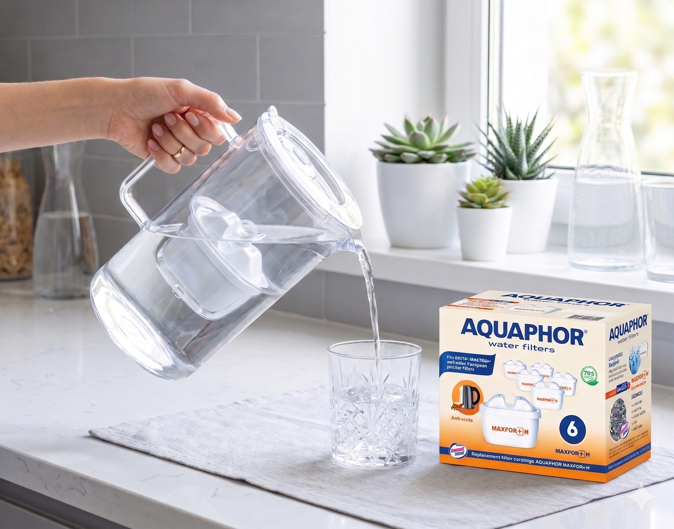 Caraffa filtrante in vetro bianco AQUAPHOR Glass + 6 cartucce Maxfor+H | Kit acqua filtrata anticalcare fino a 1400 L