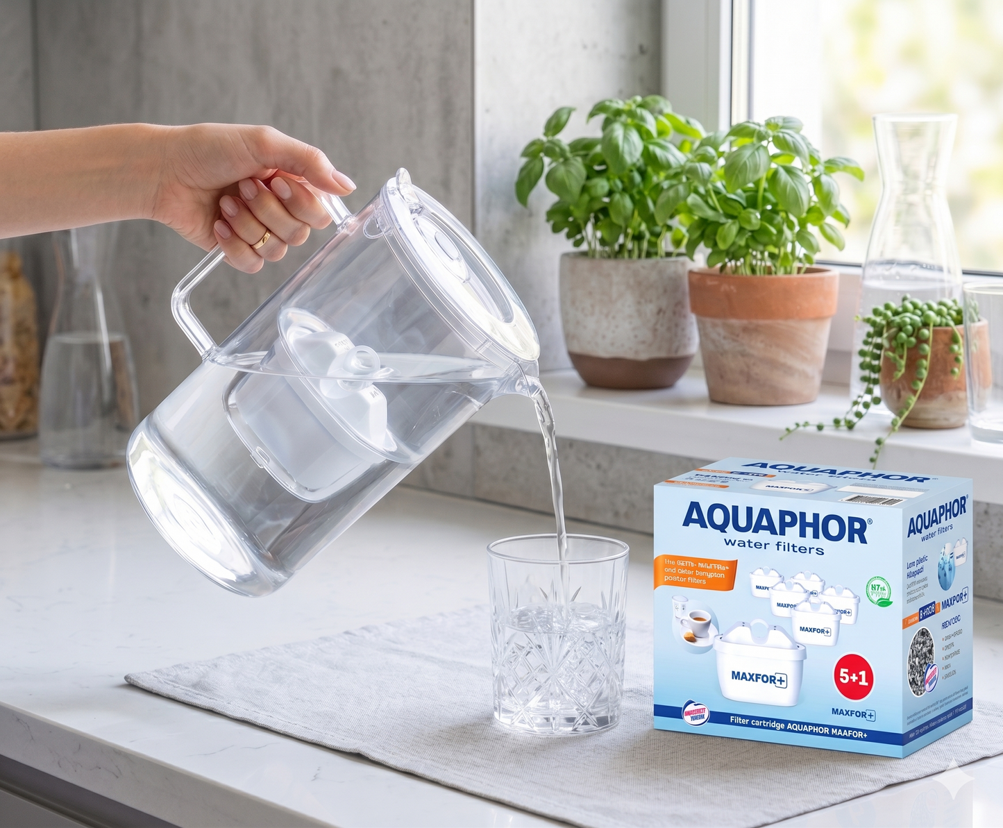 Caraffa filtrante in vetro bianco AQUAPHOR Glass + 6 cartucce Maxfor+| Kit acqua filtrata fino a 1400 L