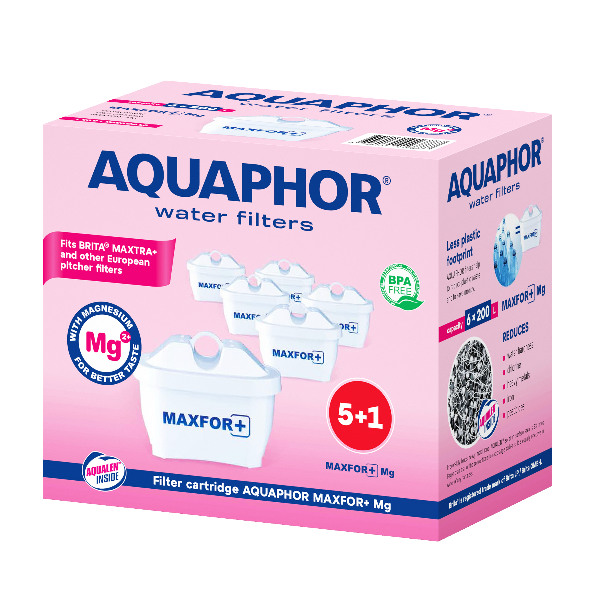 AQUAPHOR MAXFOR+ Mg Filter Cartridges Compatible with BRITA MAXTRA+ Type Systems. Pack of 6.