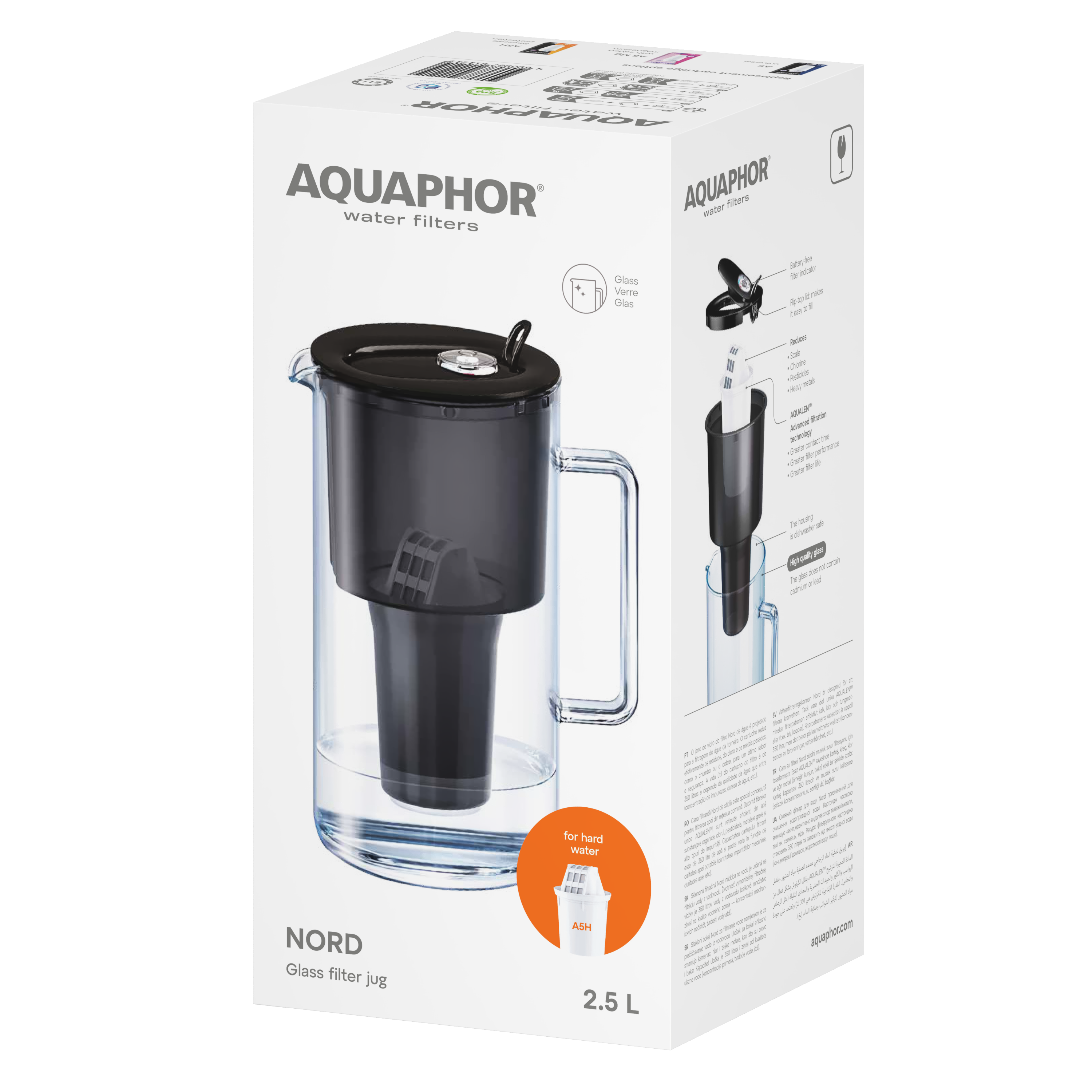 AQUAPHOR Nord A5 Caraffa Filtrante in Vetro 2,5 L | Contatore Filtro | 350 L | Design Premium
