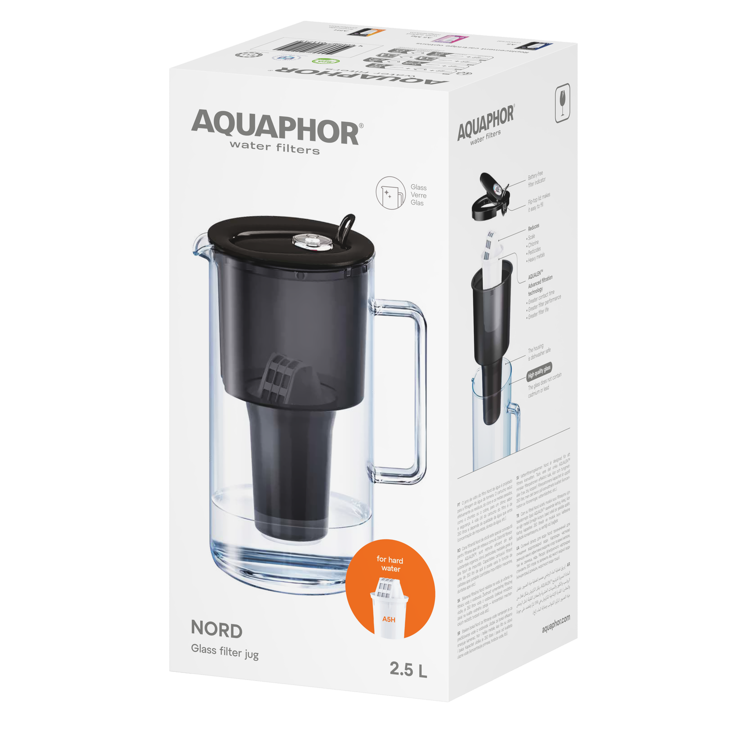 AQUAPHOR Nord A5 Caraffa Filtrante in Vetro 2,5 L | Contatore Filtro | 350 L | Design Premium