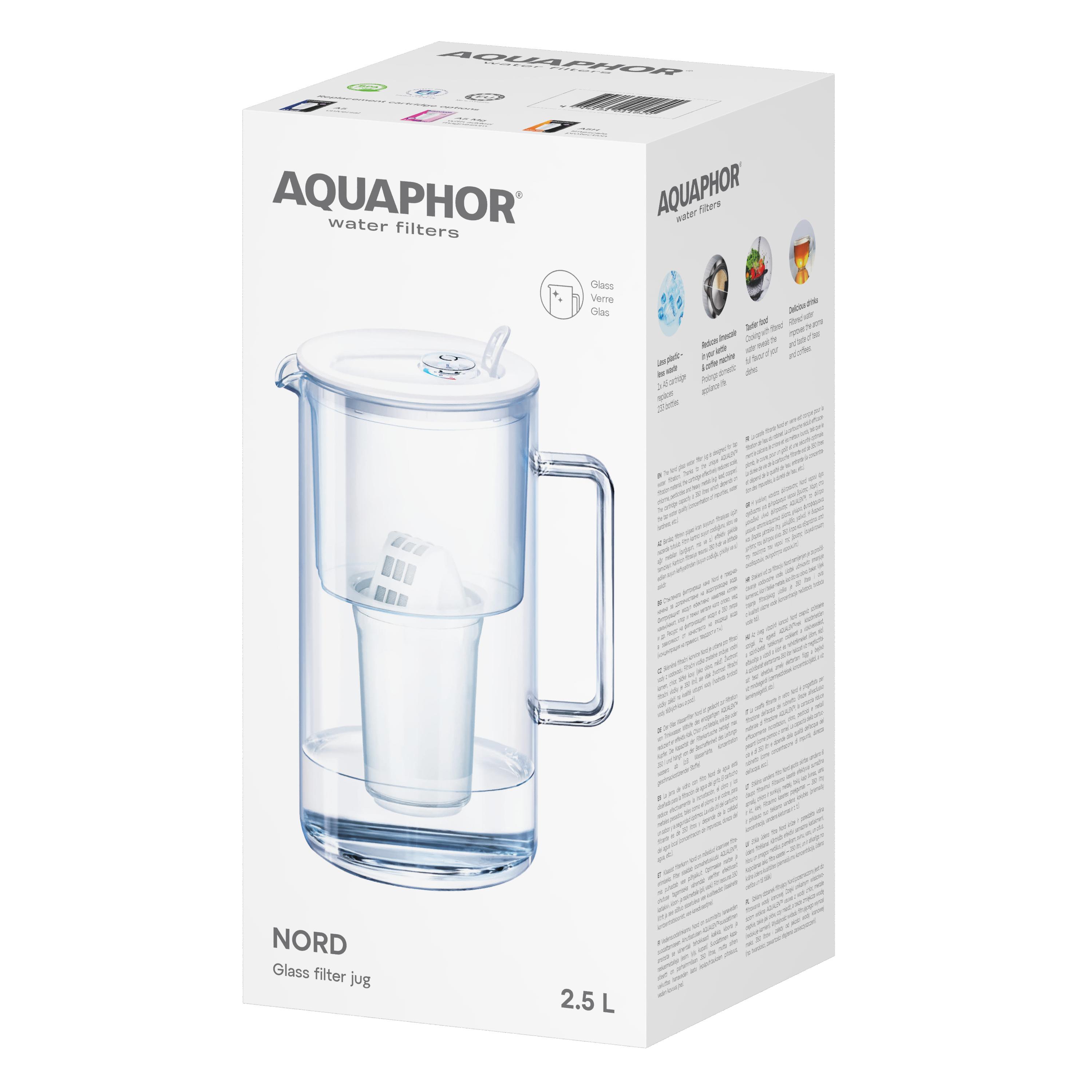 AQUAPHOR Nord A5 Caraffa Filtrante in Vetro 2,5 L | Contatore Filtro | 350 L | Design Premium