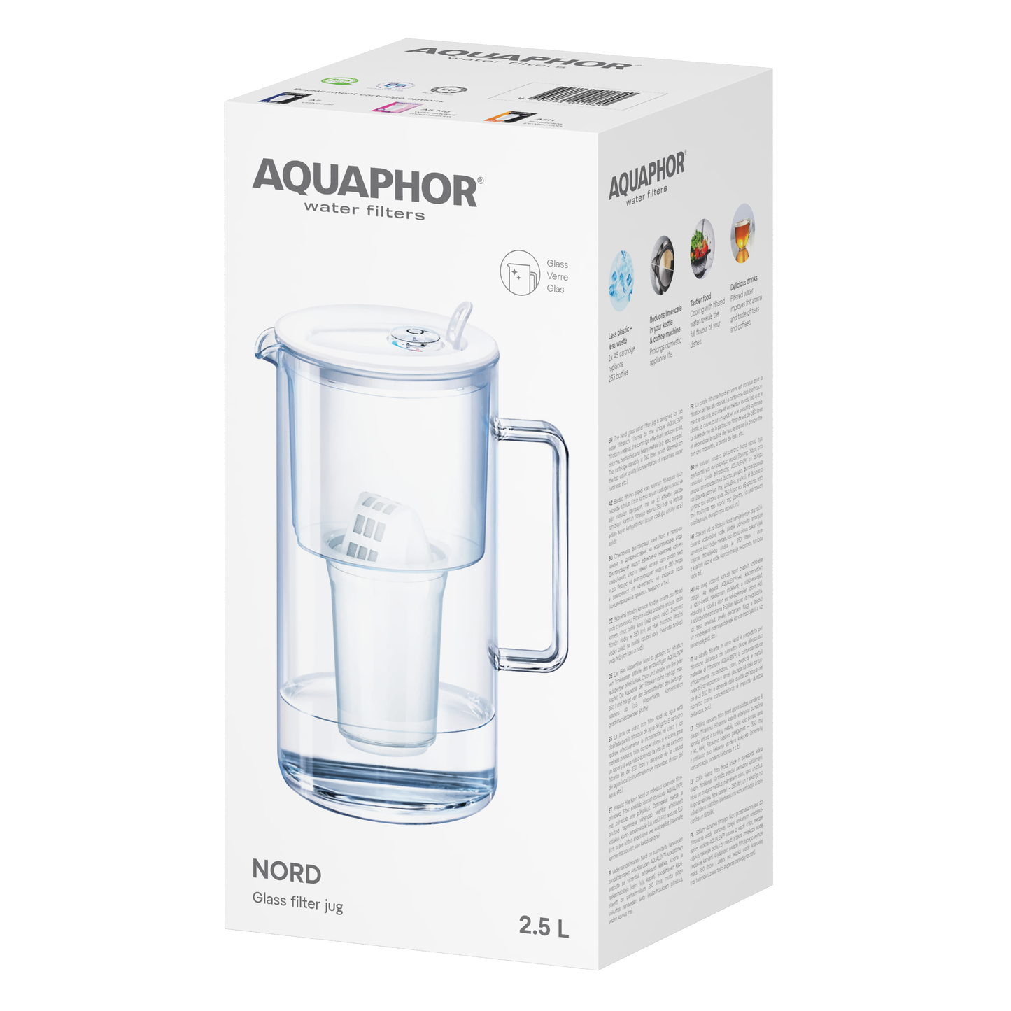 AQUAPHOR Nord A5 Caraffa Filtrante in Vetro 2,5 L | Contatore Filtro | 350 L | Design Premium