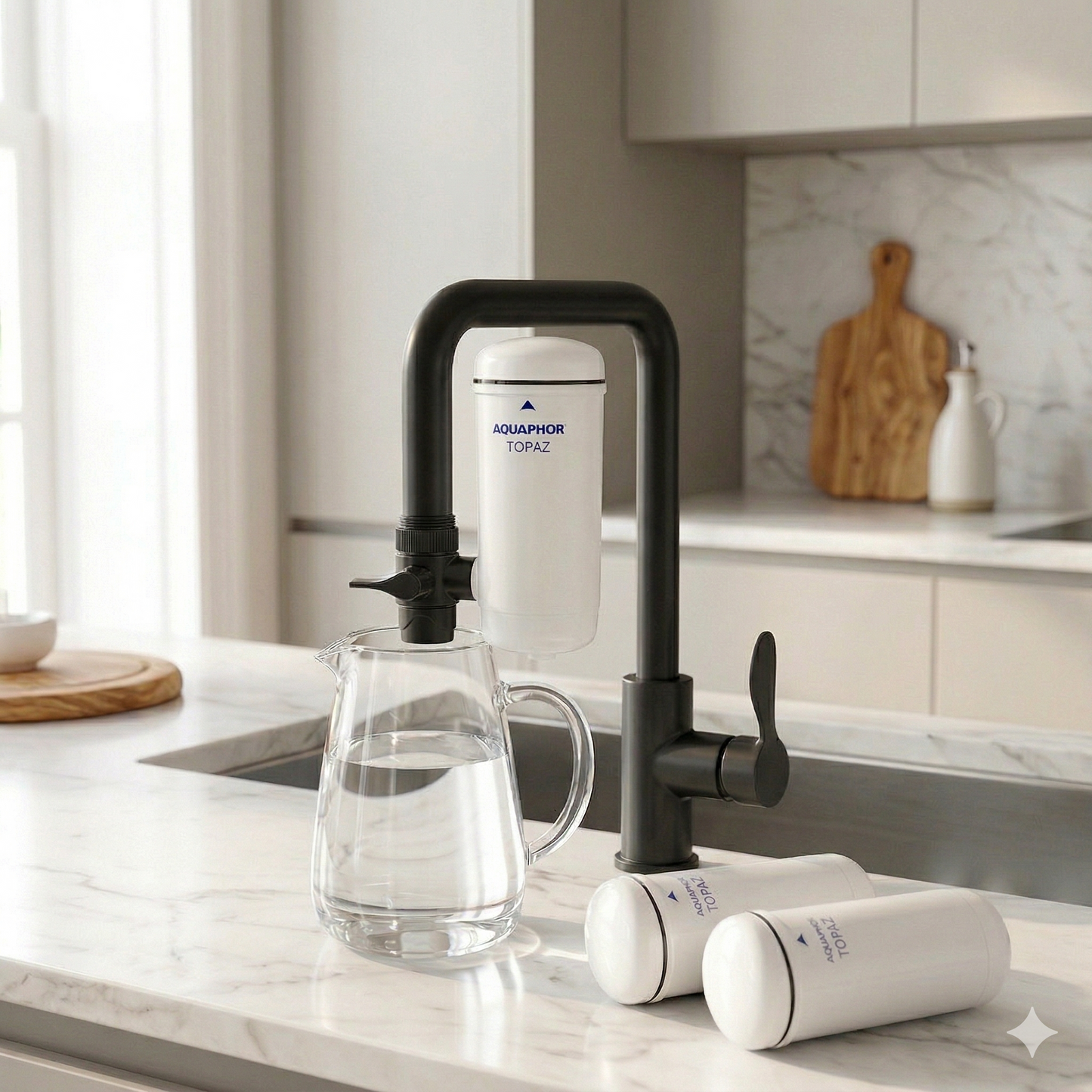 AQUAPHOR Topaz tap filter + 2 cartridges | Compact drinking water kit up to 2250 L