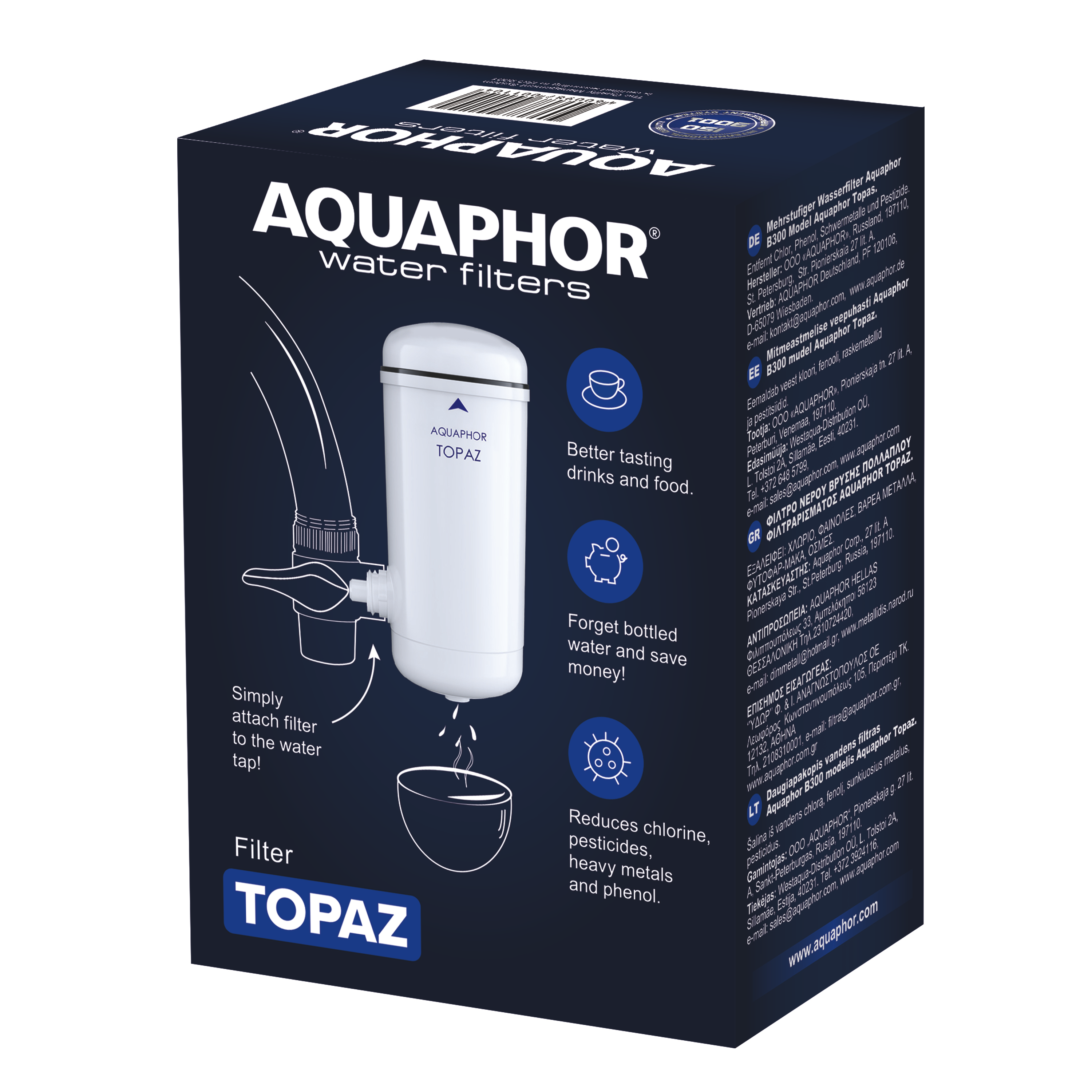 AQUAPHOR Topaz tap filter + 2 cartridges | Compact drinking water kit up to 2250 L