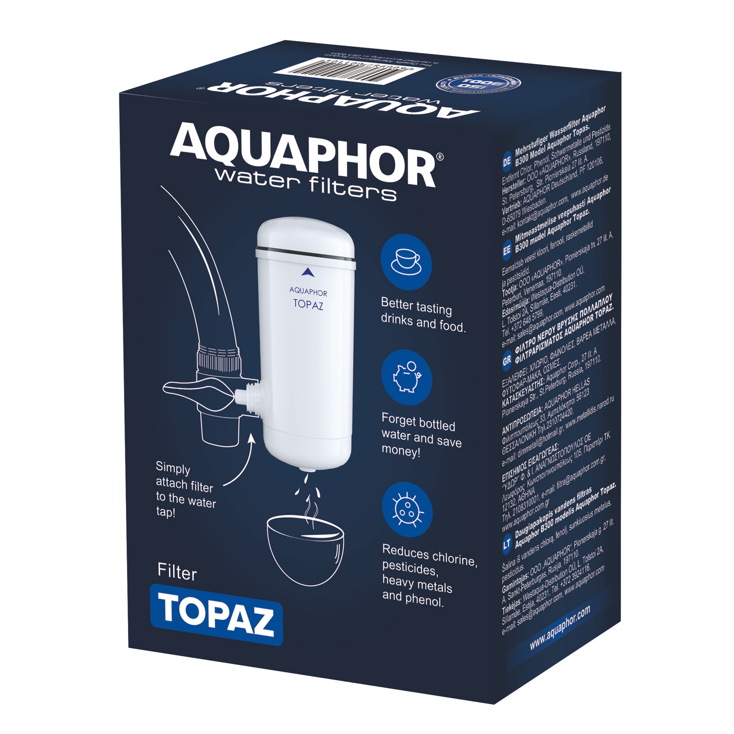 AQUAPHOR Topaz tap filter + 2 cartridges | Compact drinking water kit up to 2250 L